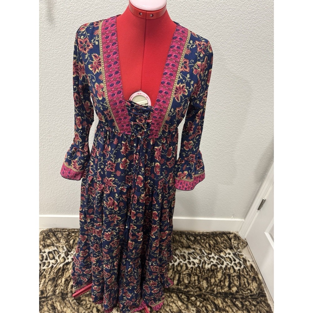 Floral Maxi‎ Dress Long Sleeve Flowy Bohemian Navy Pink Festival